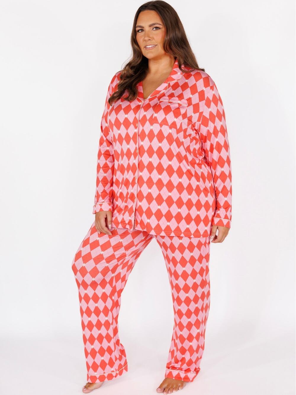 In My Sundays Pink&Red Argyle Print Long Sleeve Pajama Set Sz.M